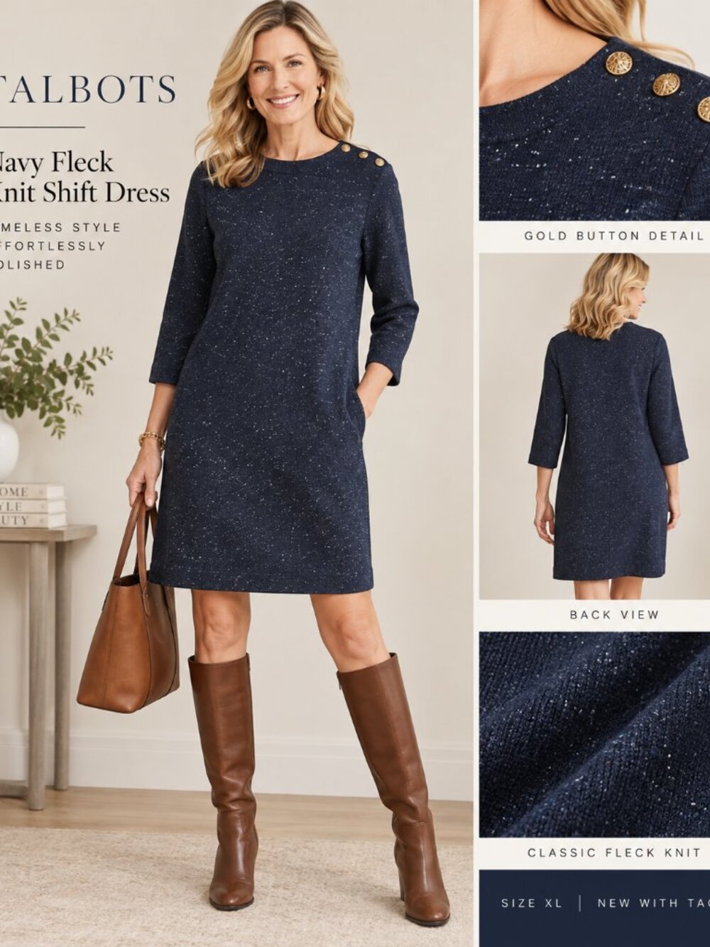Talbots Navy Blue Flecked Knit Shift Dress Gold Buttons, SZ XL, NWT